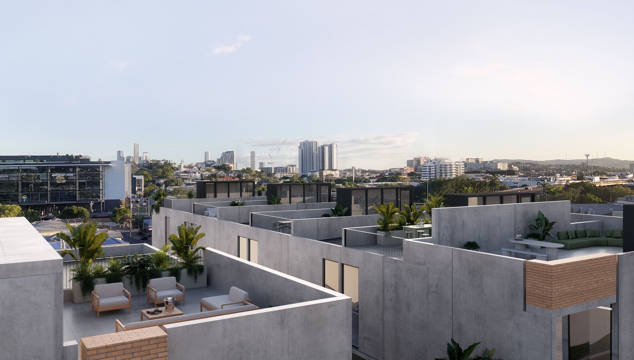 HUTCHESON — rooftop terraces with the Brisbane skyline beyond
