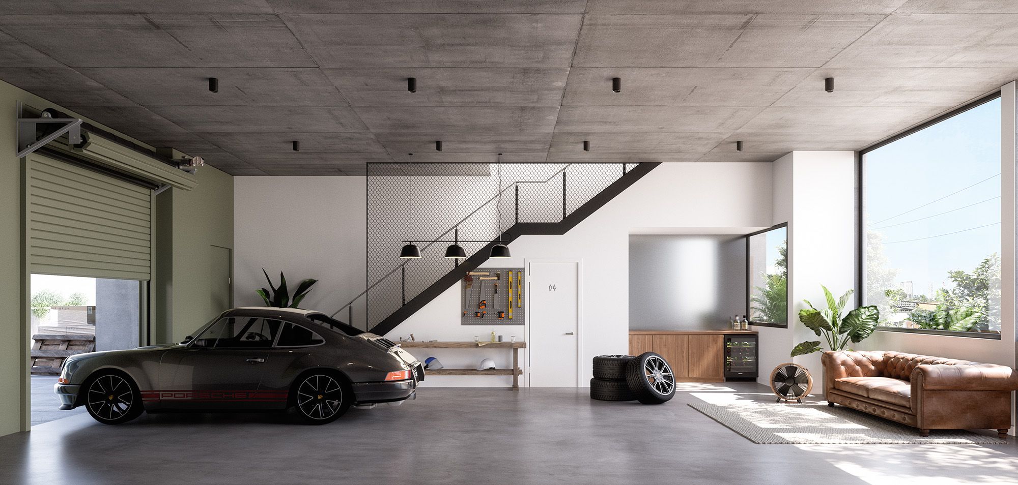 HUTCHESON — warehouse interior with workshop, second-floor stair and full-height glazing